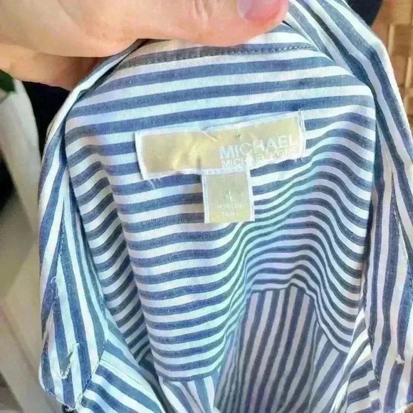 Michael Kors Blue Pin Stripe Belted Midi Button Down Dress - Picture 11 of 12